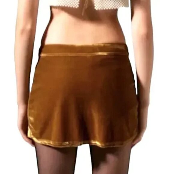 Micro Mini Skirt Skort Velvet Y2K Schoolgirl Grunge Retro Velvet Caramel 90s XS - Picture 3 of 14